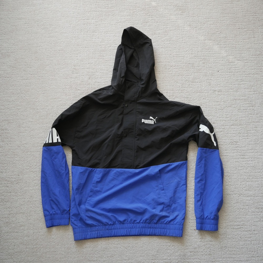 Puma Mens Colorblock Windbreaker Hooded Half Snap Jacket Black Blue Small